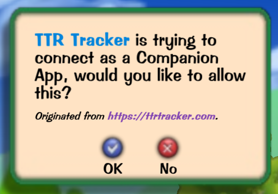 The in-game prompt asking whether TTR Tracker may connect as a Companion App.